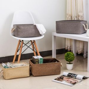 New Large Folding Linen Fabric Storage Basket Kids Toys Storage Box Clothes Storage Bag Organizer Holder with Handle