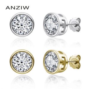 ANZIW Silver 925 Moissanite Earrings Diamond Round Cut  Bezel Setting Stud Earrings Silver 5/6.5mm Solitiare Women Earring Gift
