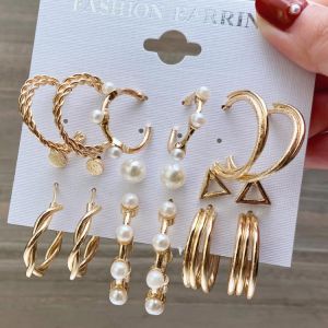 Classic Pearl Hoop Earrings Set For Women Geometric Gold Metal Circle Hoop Earrings Brincos Trendy Jewelry