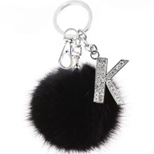 New 26 English Letters Inlaid With Rhinestones With Pure TEH Fluffy Black Pompom Faux Rabbit Fur Ball Keychains Trendy Jewelry