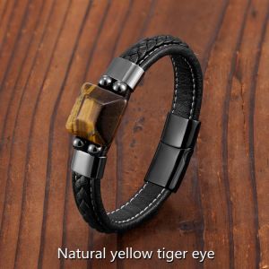New Large Square Natural Tiger's Eye Stone Men's Domineering Jewelry Bracelet Black Leather Rope 316L Stainless Steel Br