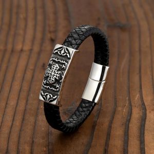 European And American Retro Style Cross Rose Style Men's Stainless Steel Bracelet Leather Rope Bracelet Jewelry