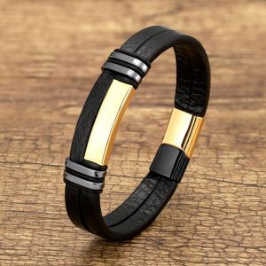 Black Leather Rope Chain Metal Stainless Steel Bracelets For Men  2021 Fashion Women Bracelet Jewelry Wholesale