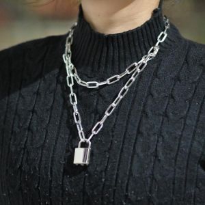 Double layer Lock Chain necklace punk 80s 90s link chain серабро Gold padlock pendant necklace for women fashion gothic jew