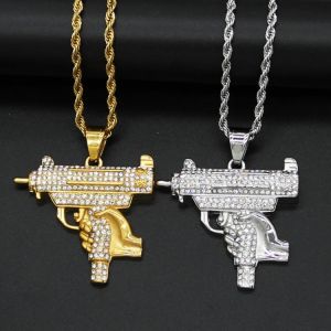 Cool Hip Hop UZI GUN Shape Pendant Necklace Male Gold Silver Color Iced Out Chains For Men Bling Jewelry Army Style