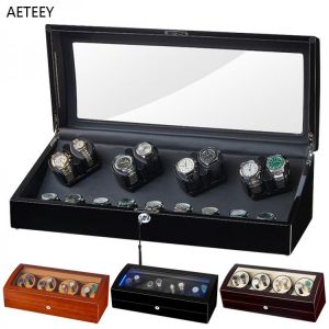 8+9 Automatic Watch Winder Box Wood Watch Winding Winder Storage Watch Collection Display Case Import Motor LED Light Caja Para
