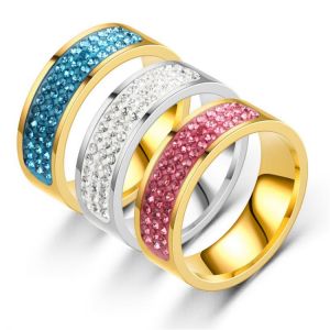 Sinogaa 3 Rows Crystal Stainless Steel Ring Pave Setting Rhinestone 7mm Wedding Rings For Women Elegant Engagement Jewelry