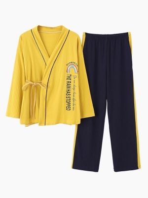Sweety Kimono Top Long Sleeve Textured Cotton Leisure Pajama Set