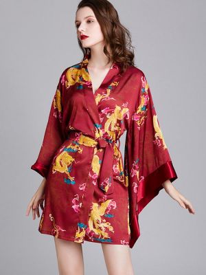 Satin V-Neck Long Sleeve Printed Bridal Kimono Robes Nightgown For Women