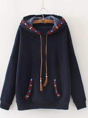 Embroidered Patchwork Tassels Long Sleeve Hoodies Sweatshirt