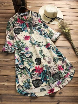 M-5XL Women Retro Buttons Long Sleeve Cotton Vintage Floral Blouse
