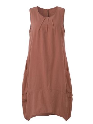 O-Newe Casual Women Solid Sleeveless Pockets Lantern Dress