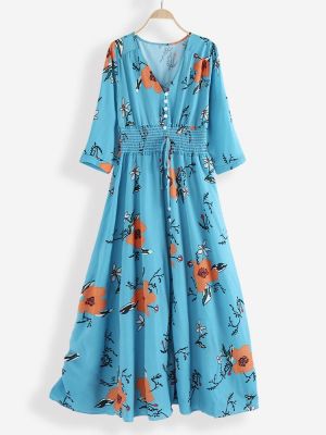 Bohemian Floral Random Print V-neck 3/4 Sleeve Buttons Maxi Dress