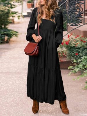 Women Solid Color Vintage Square Neck Puff Sleeve Casual Layered Dress With Pocket