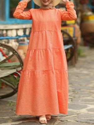Plaid Print O-Neck Splicing Long Sleeve Elastic Cuffs Casual Maxi Dress For Women
