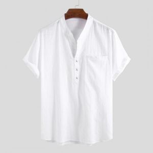 Men 100% Cotton Stand Collar Fresh Casual Plain Loose Short-sleeved T-shirts