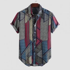 Mens Summer Color Block Printed Turn Down Collar Casual Shirts