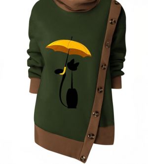 Cartoon Print Asymmetical Button Patchwork Sweatshirt