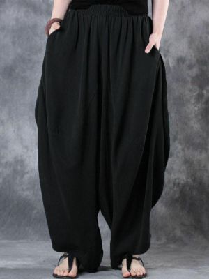 Women High Elastic Waist Pure Color Loose Harem Baggy Pants