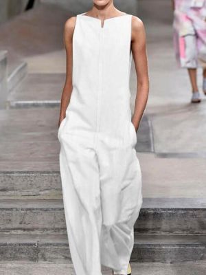 Pure Color O-neck Sleeveless Wide Leg Long Jumpsuit
