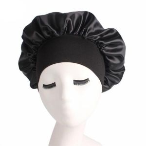 Womens Black Fleece Elastic Bathing Cap Headband Shower Cap Sleeping Hat Hair Care Beanie
