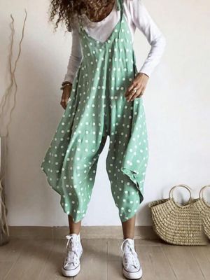 Wide Leg Women Loose Polka Dot V-Neck Irregular Hem Jumpsuit