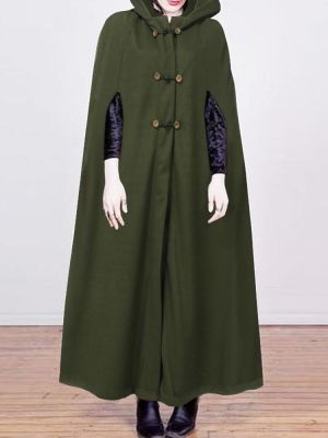 Women Casual Pure Color Button Hooded Cloak Coats