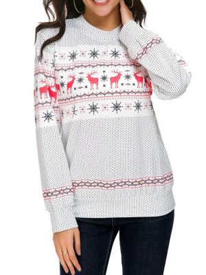 Autumn Winter Women Long Sleeve Deer Christmas Printed Sweatshirt