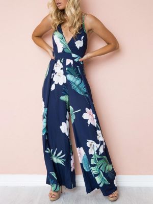 Summer Floral Print Women Stripe Leaf Printed Loose Casual Sleeveless Jumpsuit