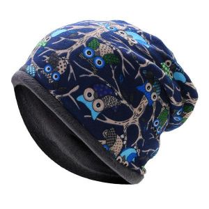 Womens Owl Pattern Slouchy Baggy Beanie Cap Scarf Multi-function Double Layers Windproof Warm Hat