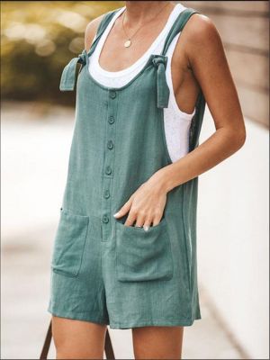 Women Casual Solid Color Button Jumpsuit with Pockets