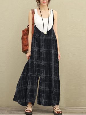 Women Sleeveless Strap Dungaree Loose Plaid Harem Jumpsuit