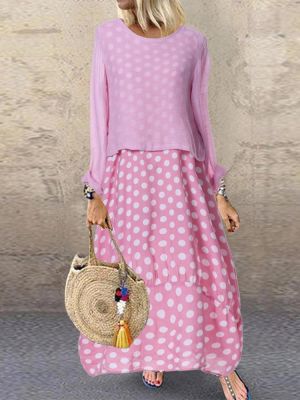 Crew Neck Two-piece Set Polka Dot Splice Long Sleeve Maxi Dress