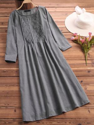 Women Long Sleeve Crew Neck Loose Casual Solid Pleated Dress