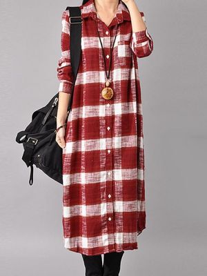 Casual Women Long Sleeve Button Down Plaid Shirt Dress