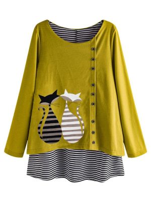 Stripe Cartoon Cat Print Patchwork Long Sleeve Blouse