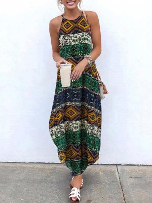 S-5XL Women Casual Print Sleeveless Strap Dress