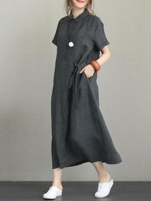 Women Casual Button Down Casual Loose Short Sleeve Dress with Pockets