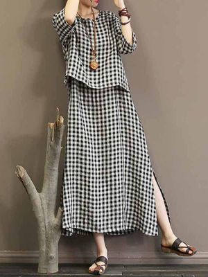 Casual Women Plaid Split Hem 3/4 Sleeve Dress