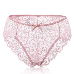 Sexy Perspective Lace Hollow Out Underwear Temptation Bowknot Mid Waist Panties Briefs For Women