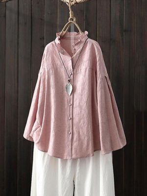 Women Long Sleeve Button Stand Collar Casual Solid Blouse
