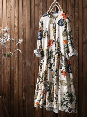 Leaves Floral Print Pleated Long Sleeve Vintage Dress