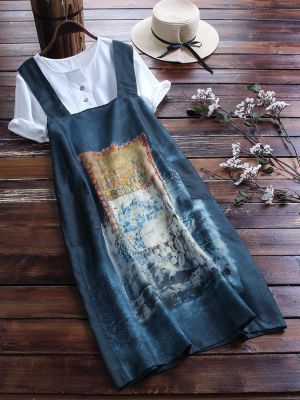 Painting Print Vintage Sleeveless Straps Dress For Women
