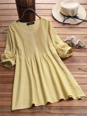 Casual Plaid Pleated Crew Neck Plus Size Shirt Blouse for Women