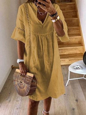 Women Short Sleeve V-neck Lace Hollow Solid Casual Dress