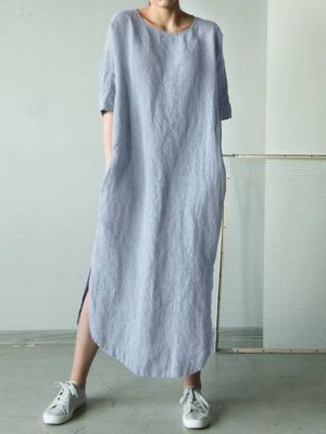 Women Cotton Solid Color Loose Half Sleeve Side Pockets Dress