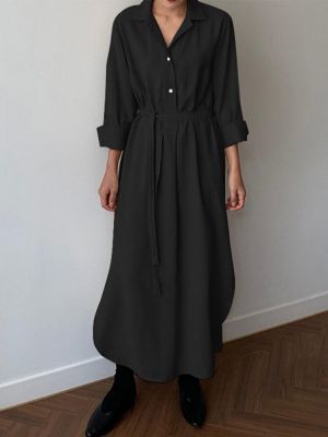 Women Revere Collar Button Front Lace-Up Long Sleeve Split Hem Casual Shirt Dress