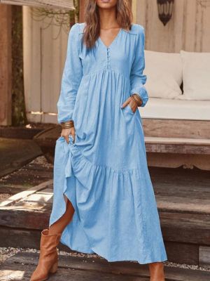 Women Solid Color V-neck Button Pleated Long Sleeve Vintage Maxi Dress