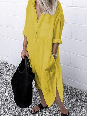 Women Pure Color Button Lapel Irregular Hem Shirt Dress