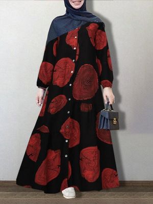 Women 100% Cotton Floral Printing O-Neck Long Sleeve Elastic Cuffs Casual Loose Maxi Dress
